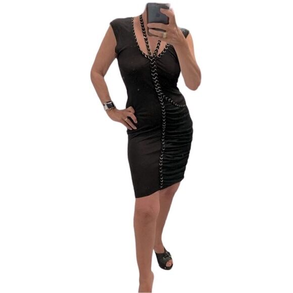 Sachin + Babi For Ankasa Black V Neck Chains Details Ruched Dress.Size S